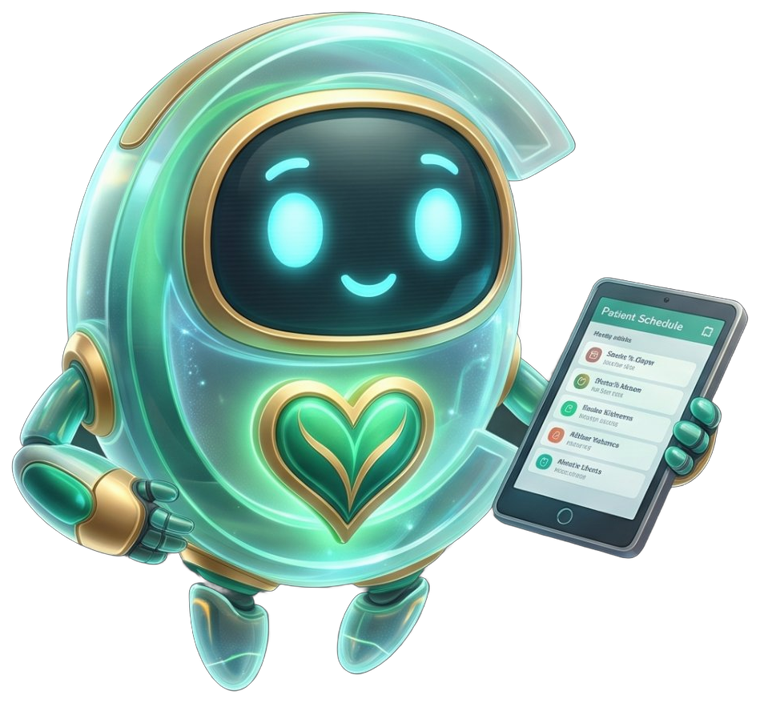 Cura, the CliniCura mascot, holding a tablet showing a patient schedule